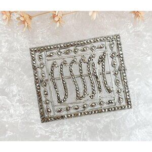 Vintage Natural Marcasite Adorned "VVM" Art Deco Style Rectangular Shaped Brooch